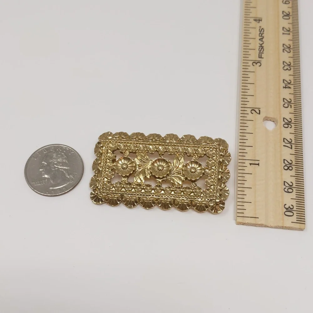 1928 Gold Tone Floral Brooch Rectangle